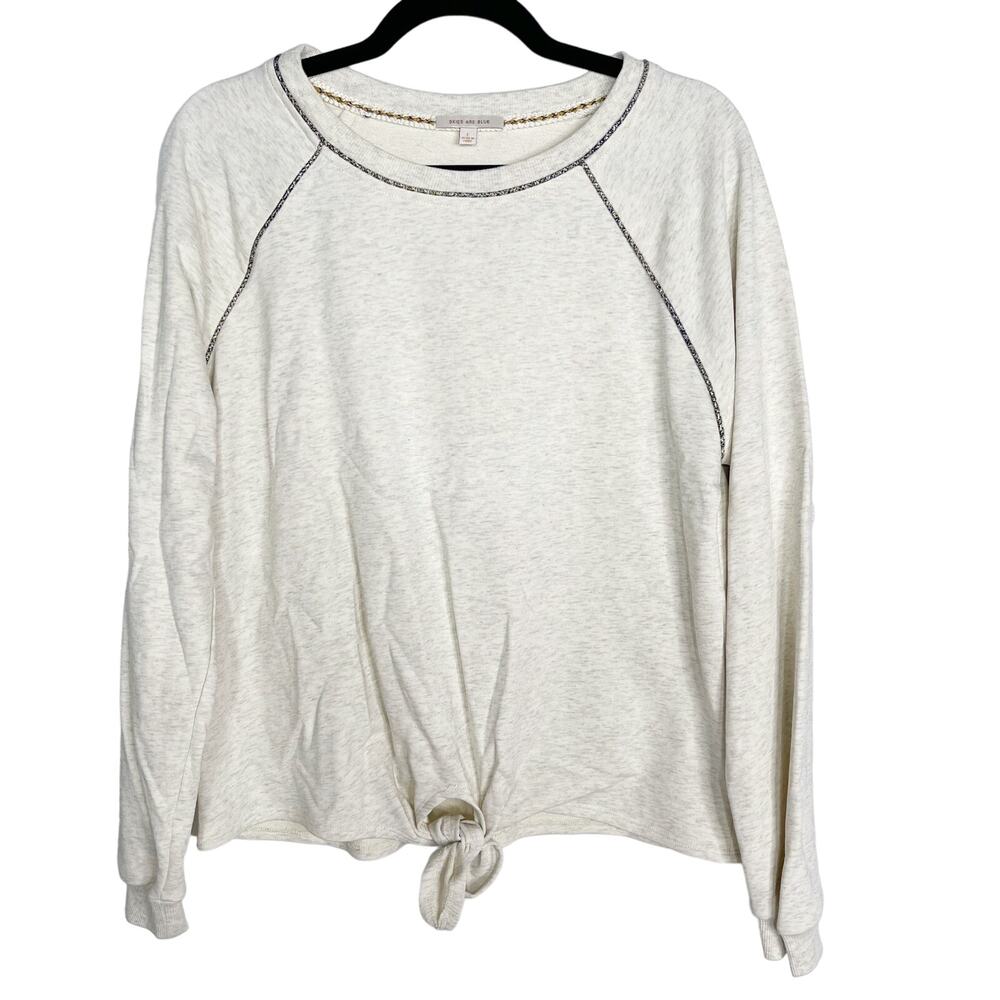 New Skies Are Blue Large L Cream Heather Tie Front Terry Sweatshirt Crew Raglan